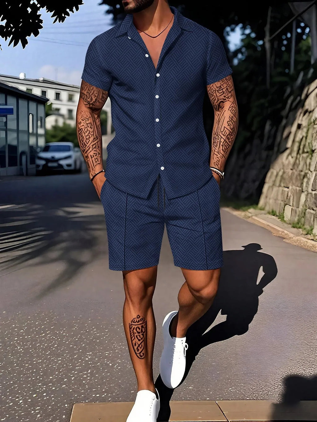 Men's digital print short sleeve casual suit set with matching shorts on a neutral background