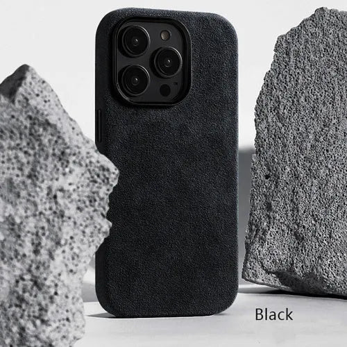 Suede magnetic wireless charging phone case in dark green, sea blue, dark purple, and black gray for iPhone models