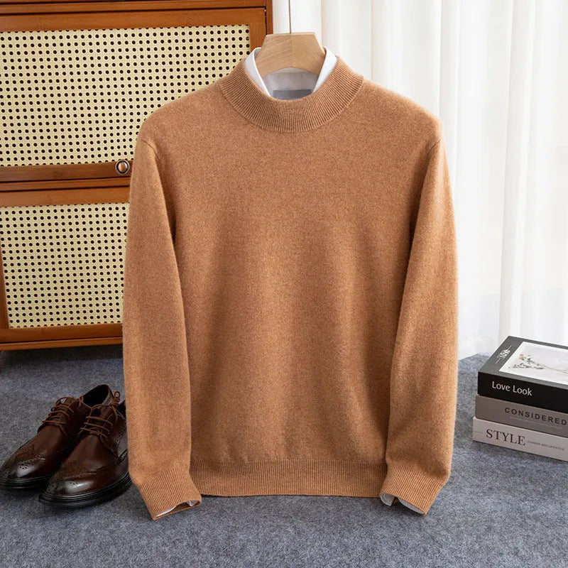 Men's loose fit half turtleneck wool sweater in rough yarn, shown in a range of colours.