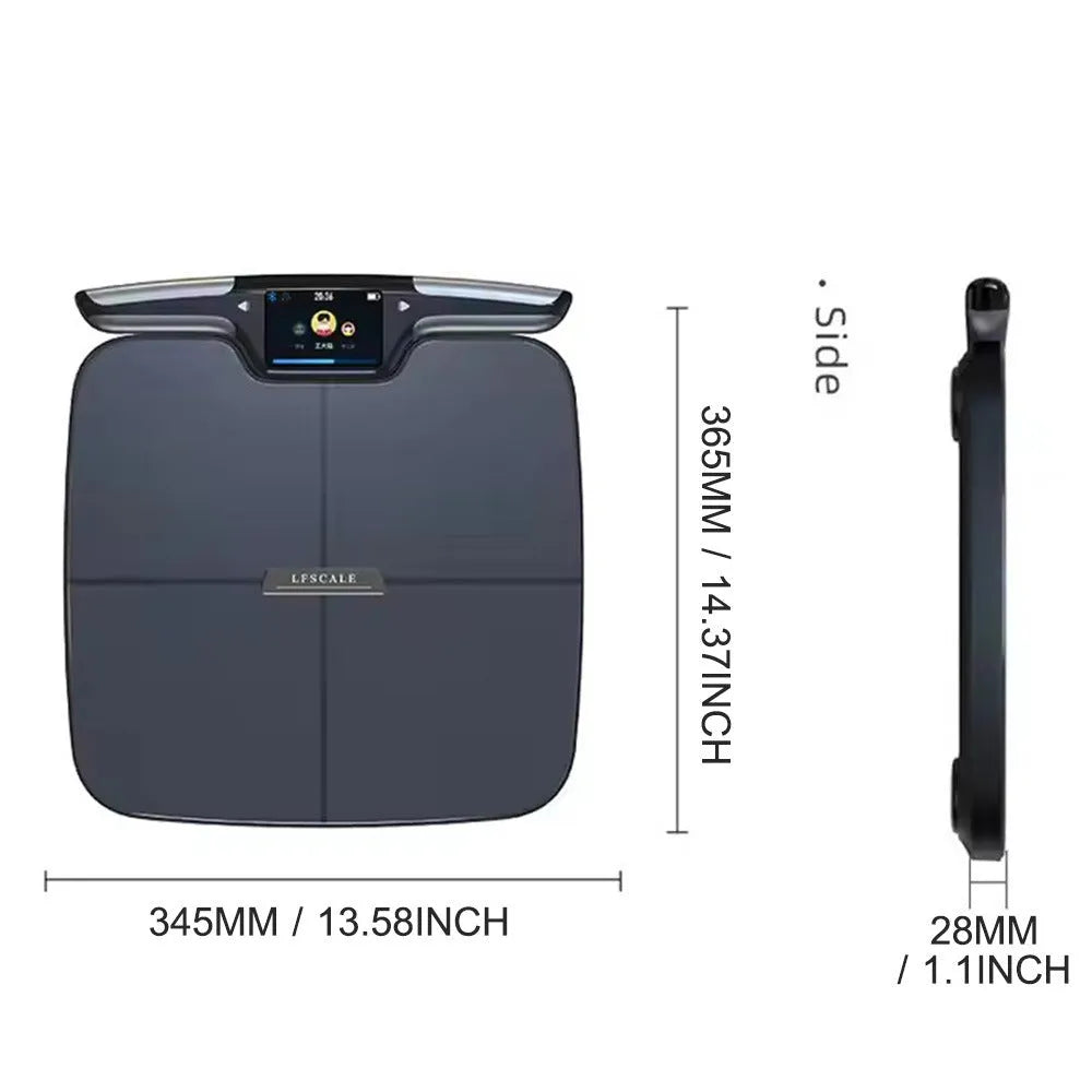 Black eight-electrode intelligent body fat weighing scale on a bathroom floor.