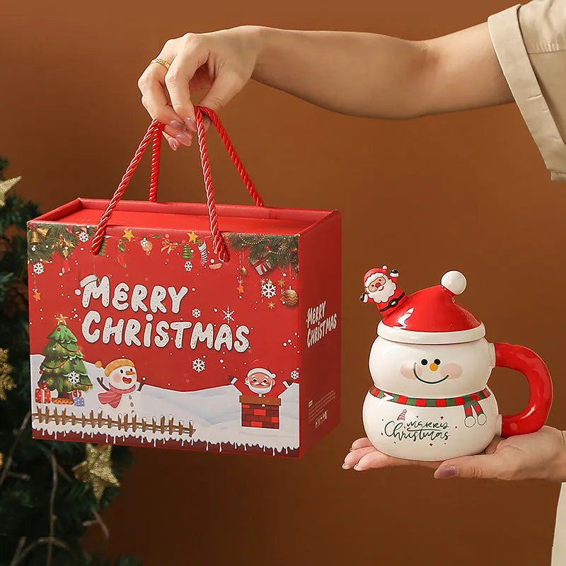 Christmas ceramic cartoon snowman water cup with 400ml capacity, round shape, 8.5cm height
