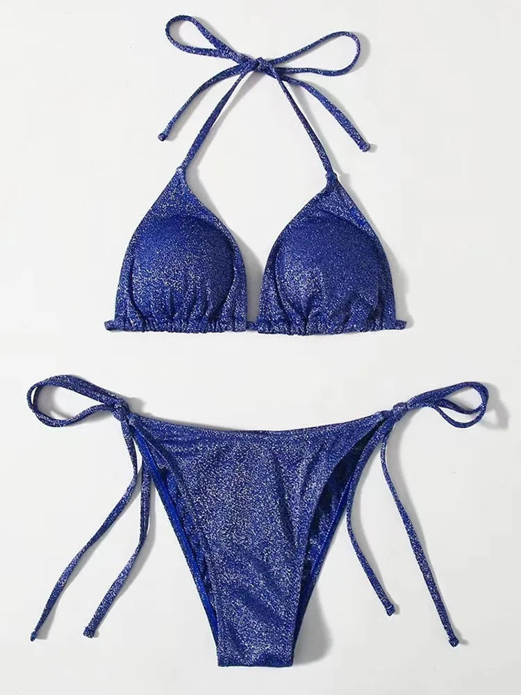 Women's khaki gold bandage bikini swimsuit with split hip detail on the briefs.