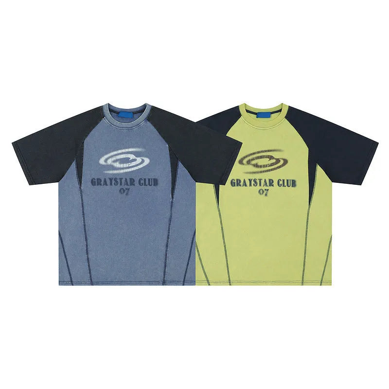 Blue hip hop letter print men's cotton t-shirt with raglan sleeves on hanger
