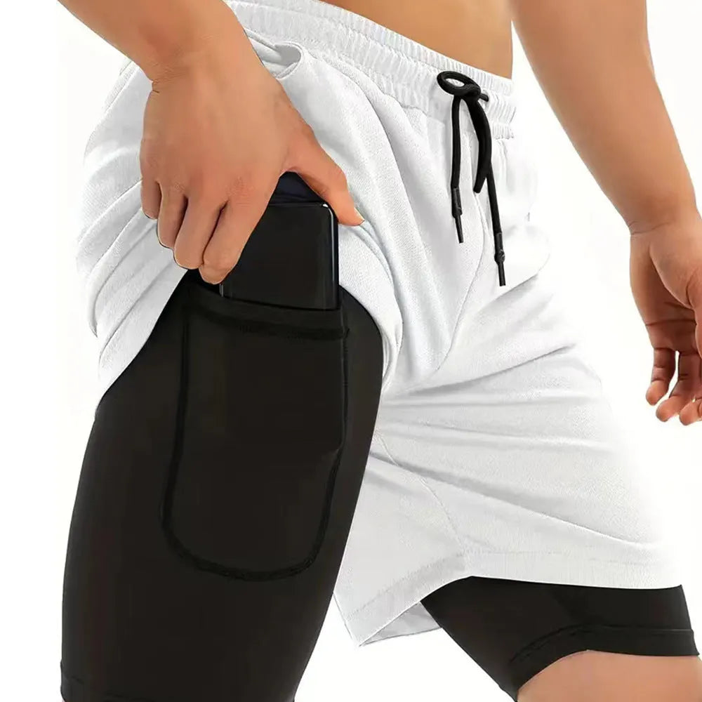 Men's black double-layer sport shorts with cotton blend fabric and milk silk lining