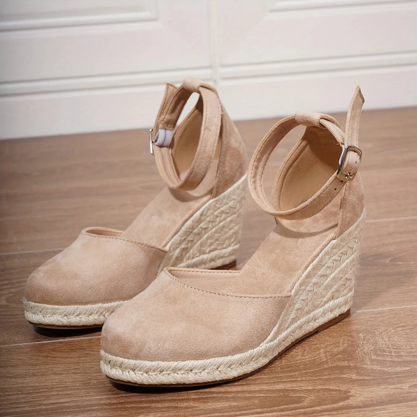 Women's apricot and black wedge sandals with suede upper and Roman buckle fastening