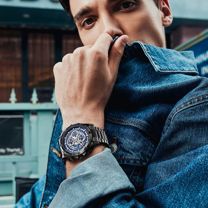 Men's waterproof quartz watch with luminous hands and stainless steel band in three colour options