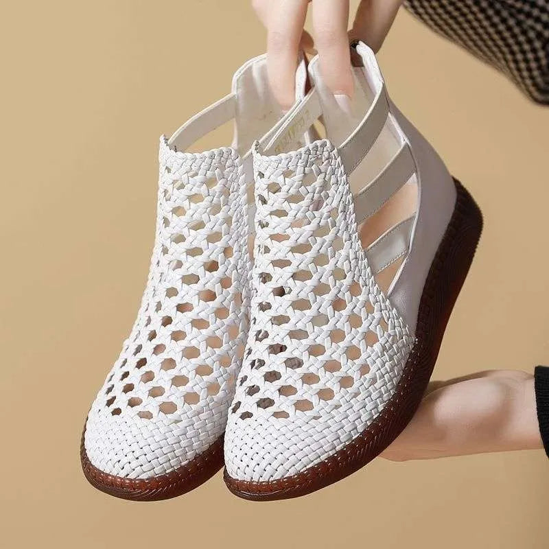 Gold women's sandals with hollow-out design and flat soft soles