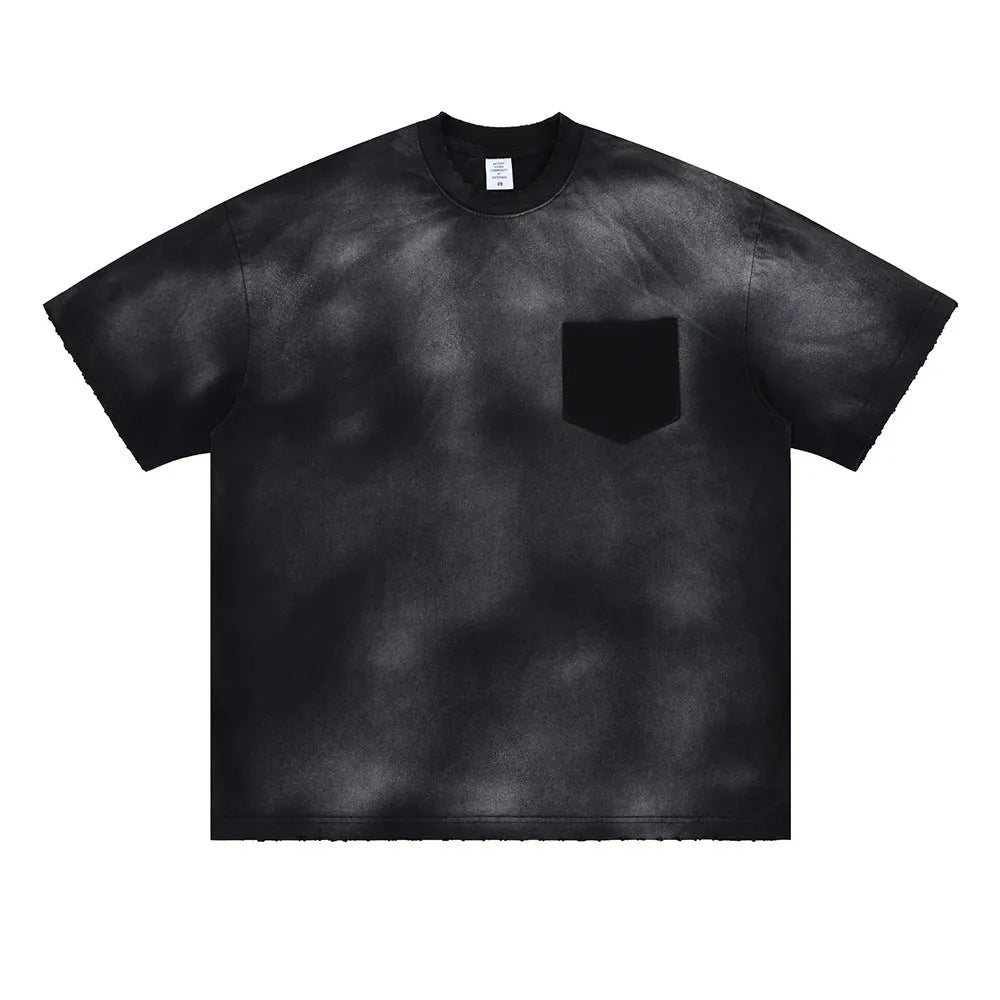Men's black loose fit cotton t-shirt with letter pattern print and drop shoulder sleeves