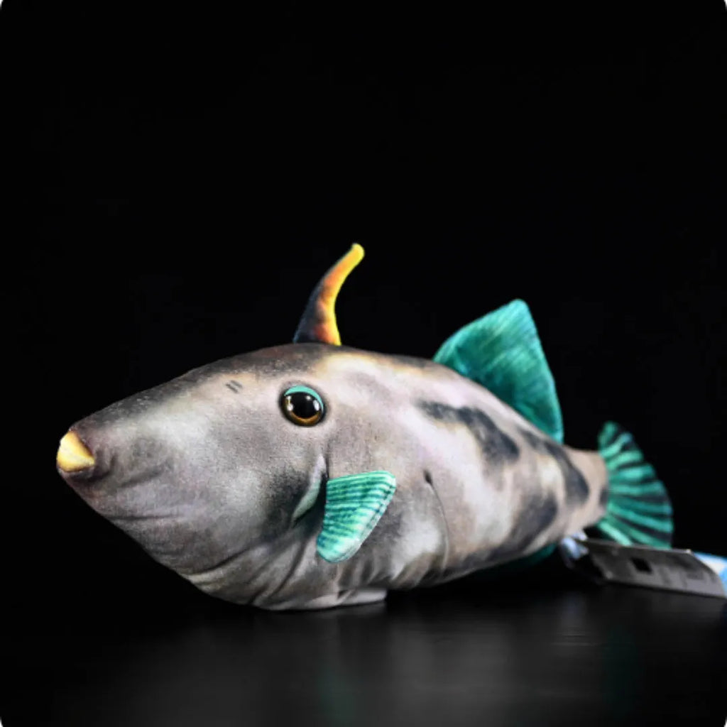 Simulation green fin pufferfish plush toy 42cm flannel doll on white background