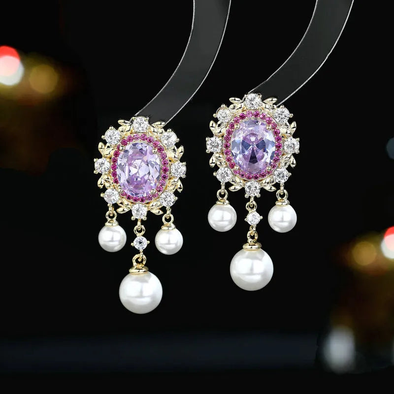 Oval geometric zircon and pearl tassel earrings in light purple colour option