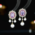 Oval geometric zircon and pearl tassel earrings in light purple colour option