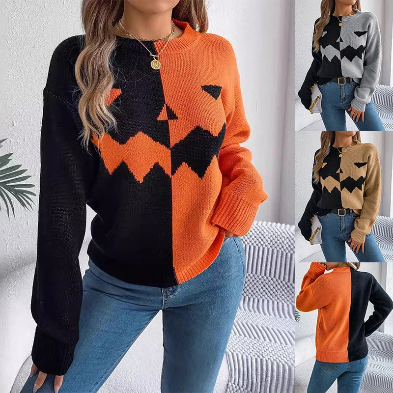 A cozy, acrylic Halloween pullover sweater with a ghostly design in autumnal colors