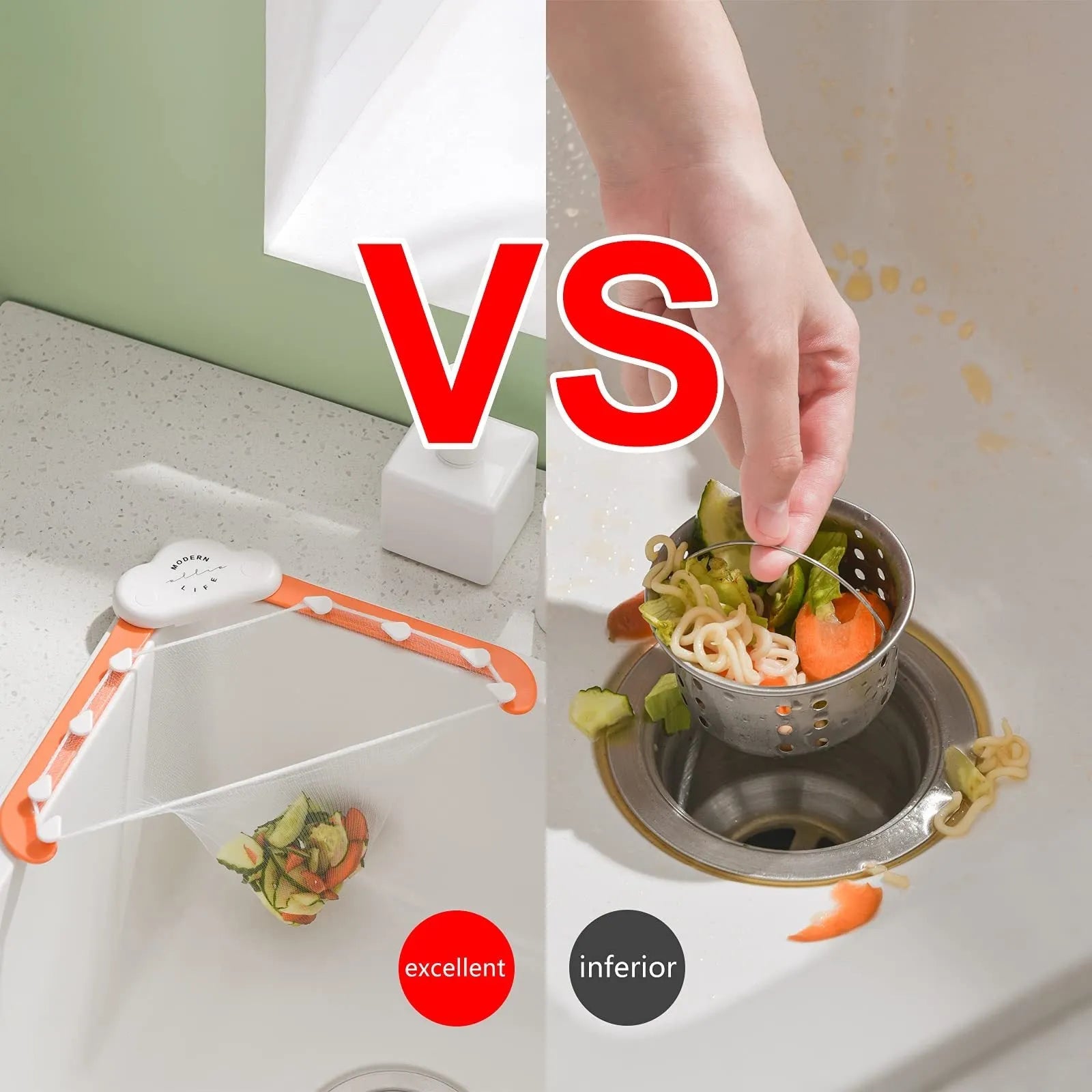 Green triangular ABS plastic sink drain rack with elastic mesh filter net installed in kitchen sink corner.