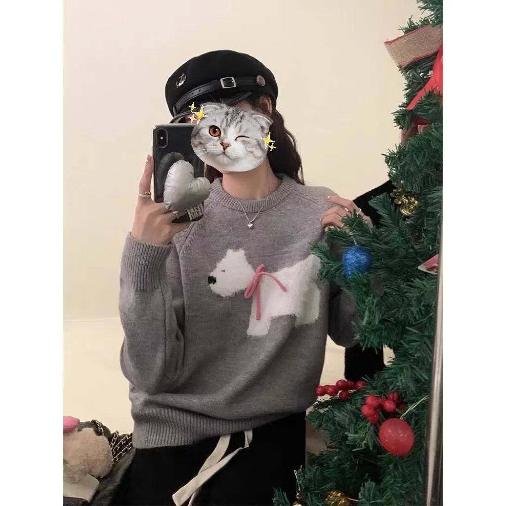 Puppy jacquard Korean pullover sweater in wool, free size, shown in wine red and gray with 3D stereo pattern