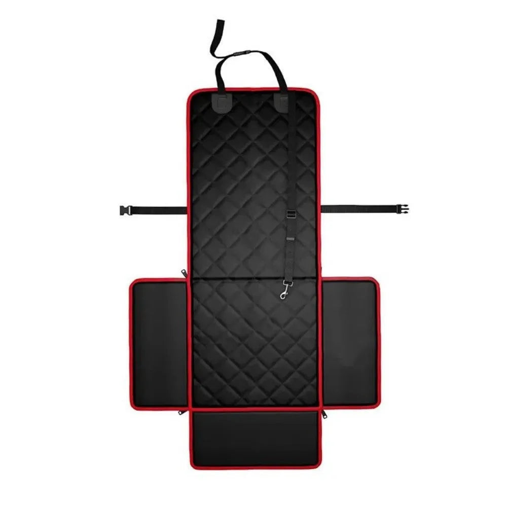 A black non-slip car pet pad for dogs placed on a grey car front seat.