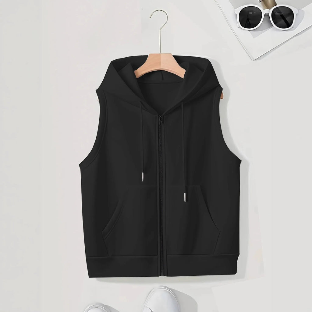 Women's sleeveless slim-fit zip cardigan sweater in white, black, dark blue or purple, sizes S to 3XL