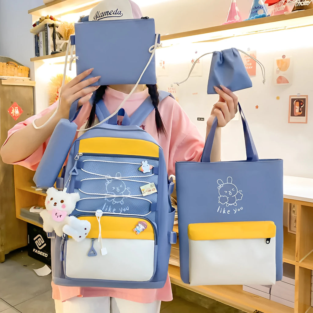 Lightweight nylon student school backpack in a choice of pink, black, purple, or blue solid colours.