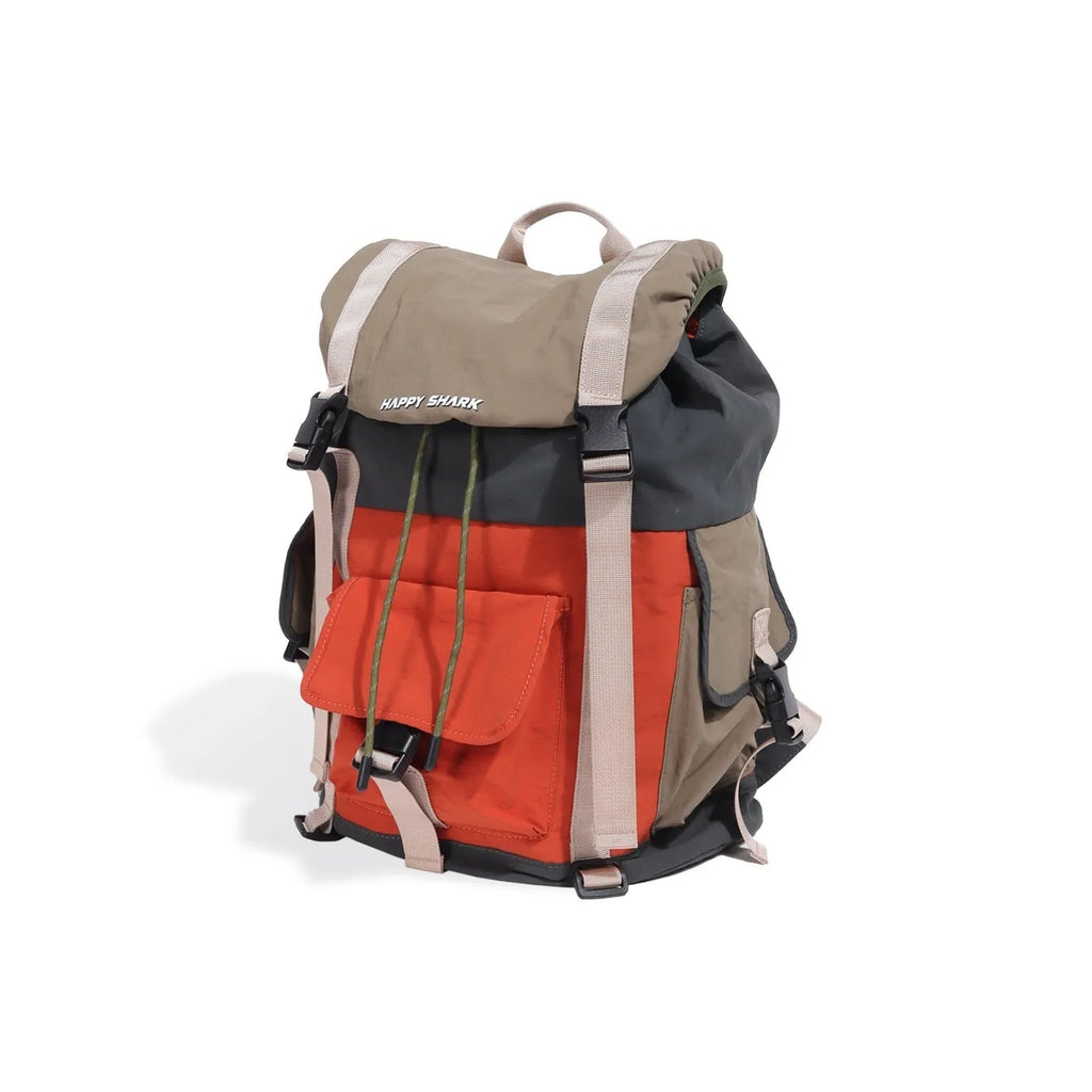 Orange and green contrast colour outdoor backpack with multiple compartments and air pillow belt system