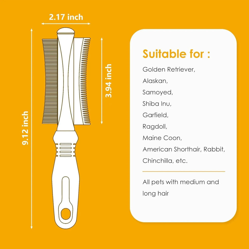 White 2 in 1 dog and cat deshedding brush with double-sided grooming comb and ergonomic handle.