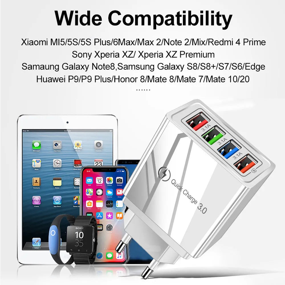 Four-port USB wall charger with UK three-pin plug in black and white colour scheme