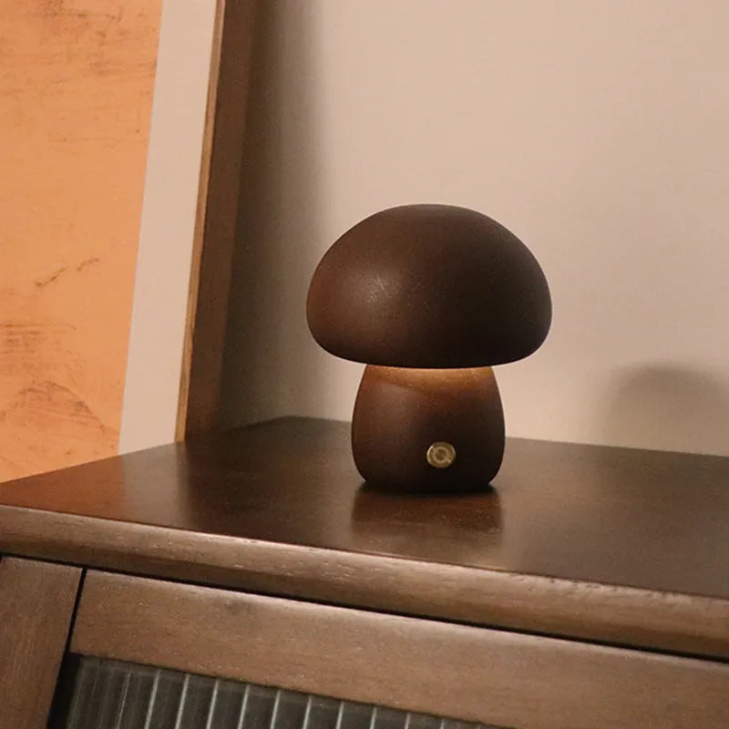 Wooden mushroom LED night light with touch switch, beech or walnut colour, 165 x 100 mm bedside lamp