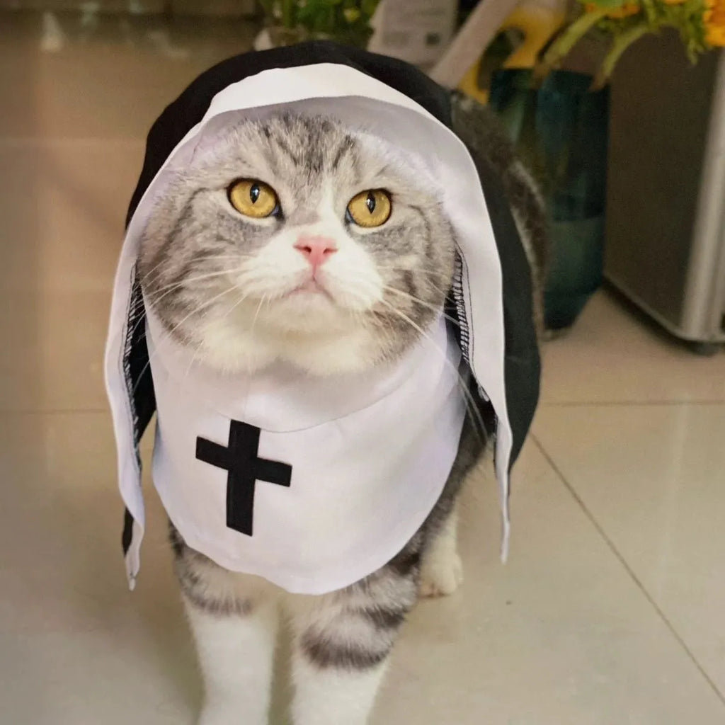 Black and white polyester nun costume cloak for a small dog on Halloween