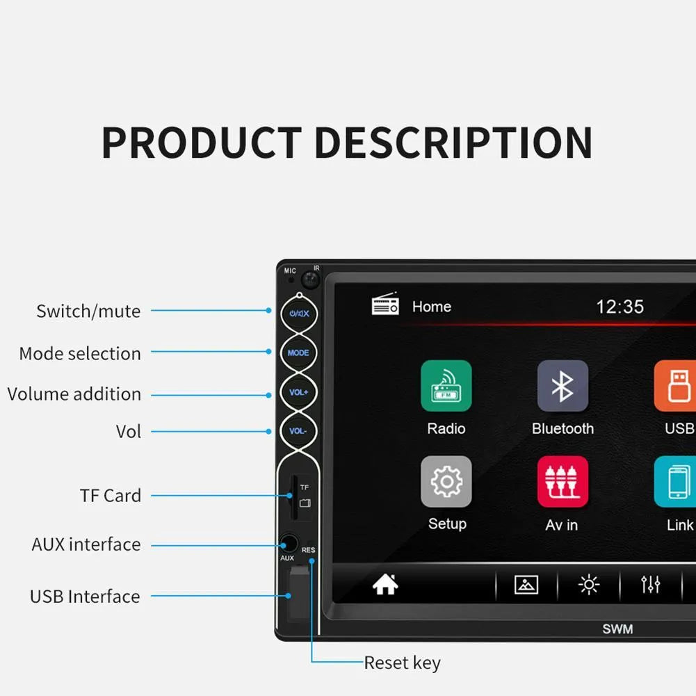 7-inch double DIN car MP5 player with Bluetooth and USB touchscreen in black