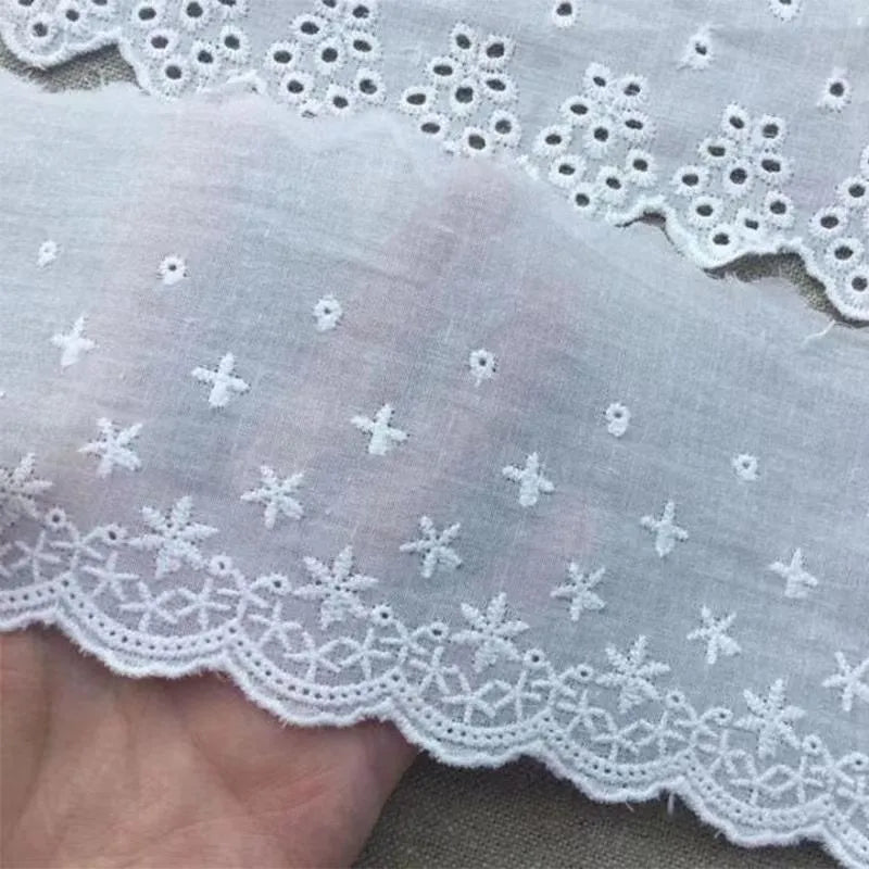 Close-up of white cotton embroidered lace trim showing cut-out pattern, with four width style options for DIY sewing.