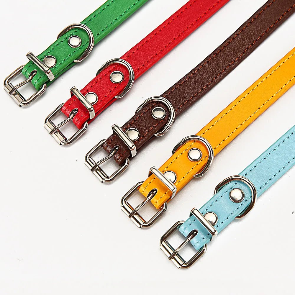 PU dog collar in coffee, sky blue, gold, green, or red, available in sizes S 1.0x30 and M 1.5x30