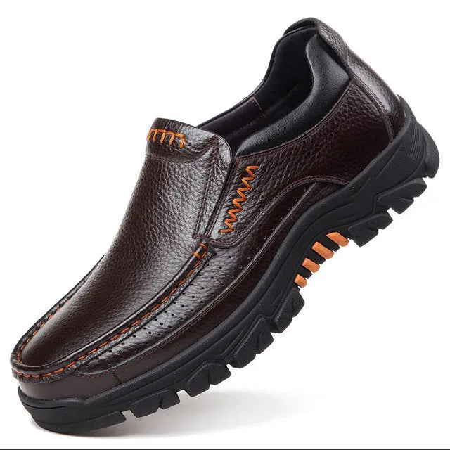 Men's black and brown business casual slip-on loafers with cowhide leather upper
