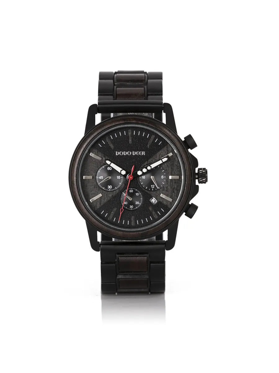 Wooden wrist watch with 44mm metal case, metal band, mineral glass mirror, black colour