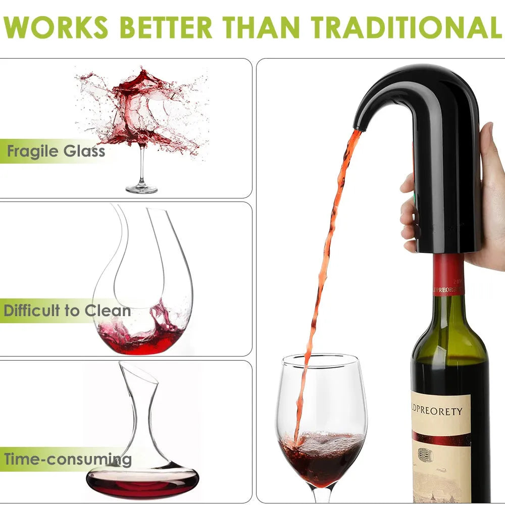Portable electric wine decanter in black, red, or white with automatic pourer and red light.