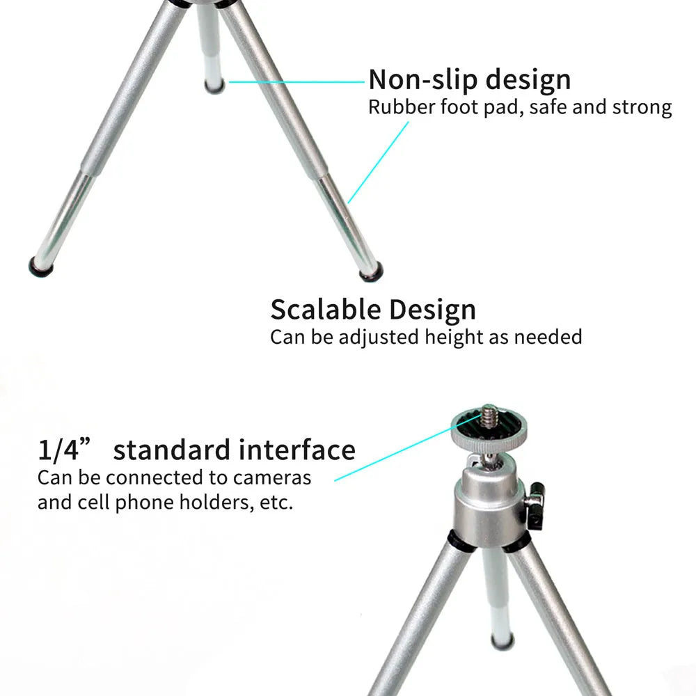 Mini desktop tripod with extendable aluminium legs and U-shaped phone clip for cameras and mobile devices