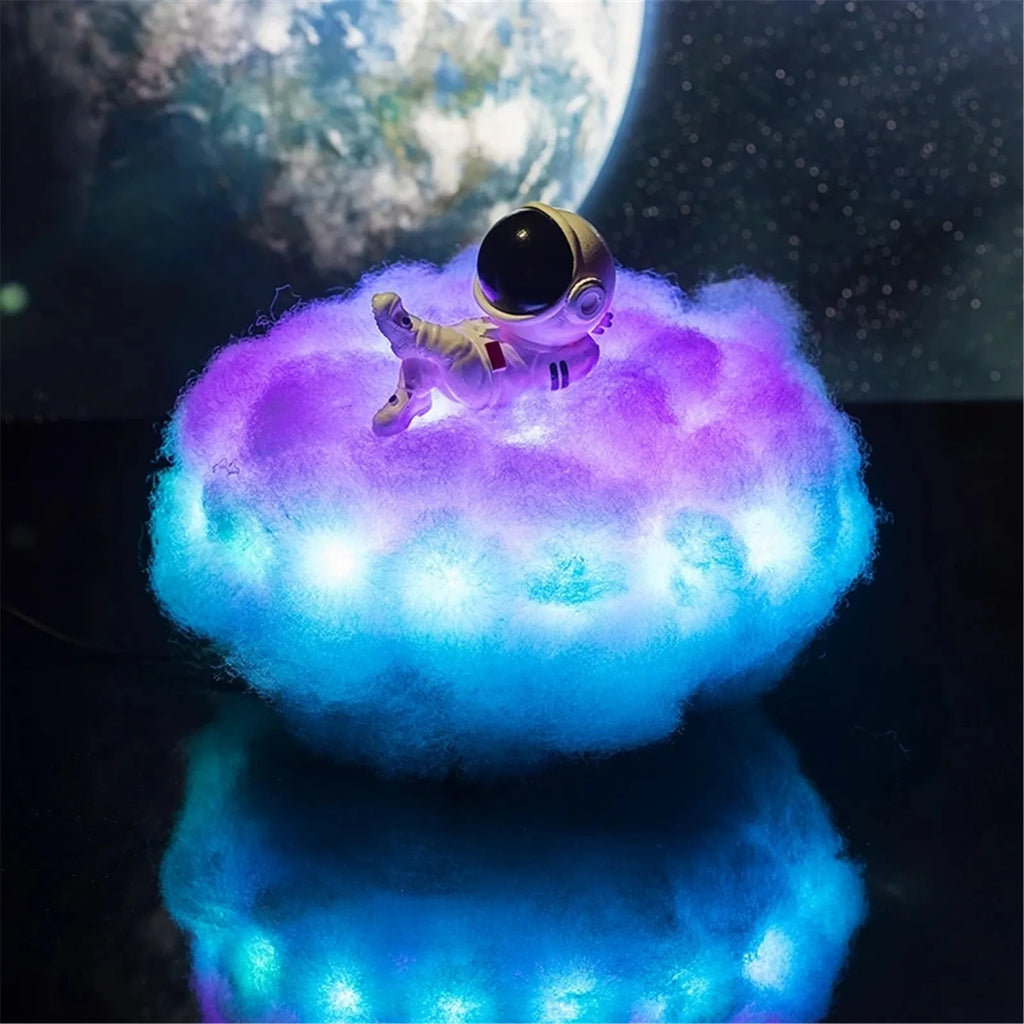 LED astronaut cloud night light with rainbow colours, wooden stand, 15x20cm size