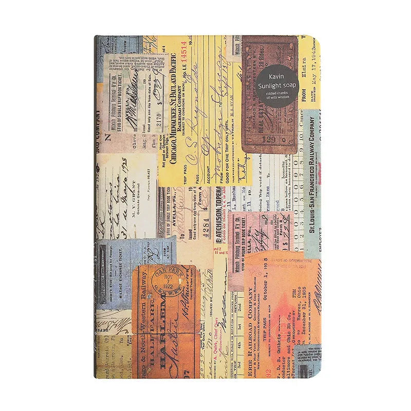 A5 kraft paper notebook with European retro illustrations open to show colour pages