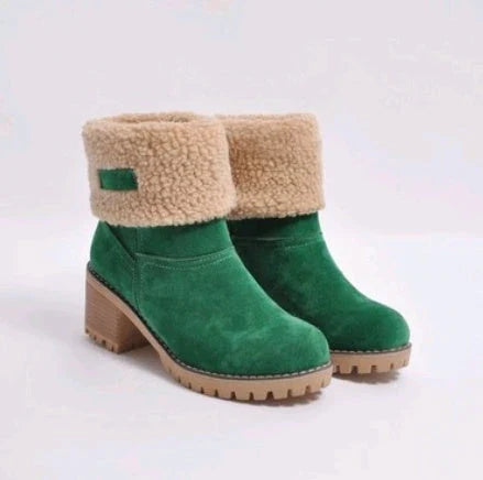 Stylish mid-calf suede snow boots with thick heels in various colors including gray, khaki, black, orange, and green