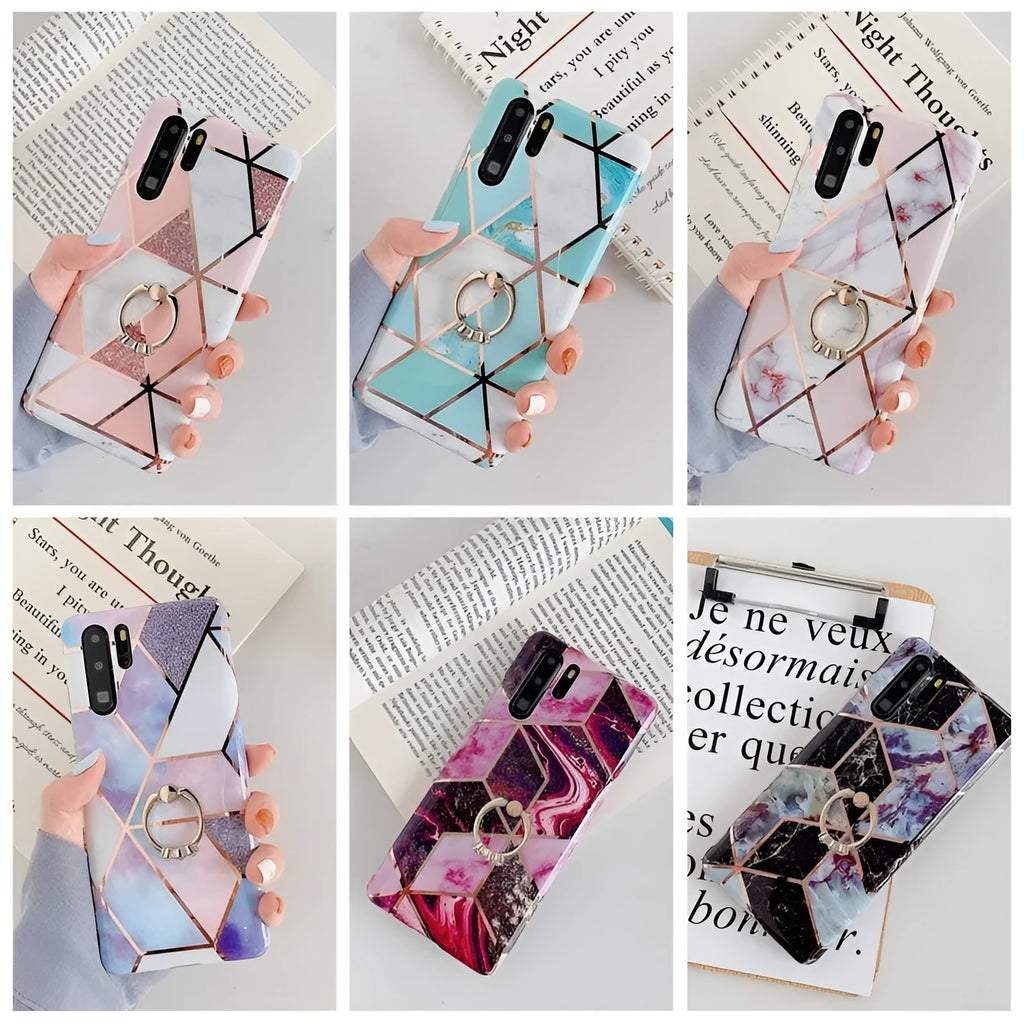 Electroplating mosaic marble ring phone case with grid pattern in TPU for Huawei smartphone
