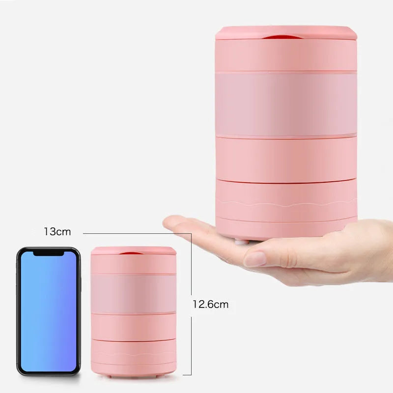 Blue portable personal blender with 450ml cup, shown extended and folded, with USB charging cable