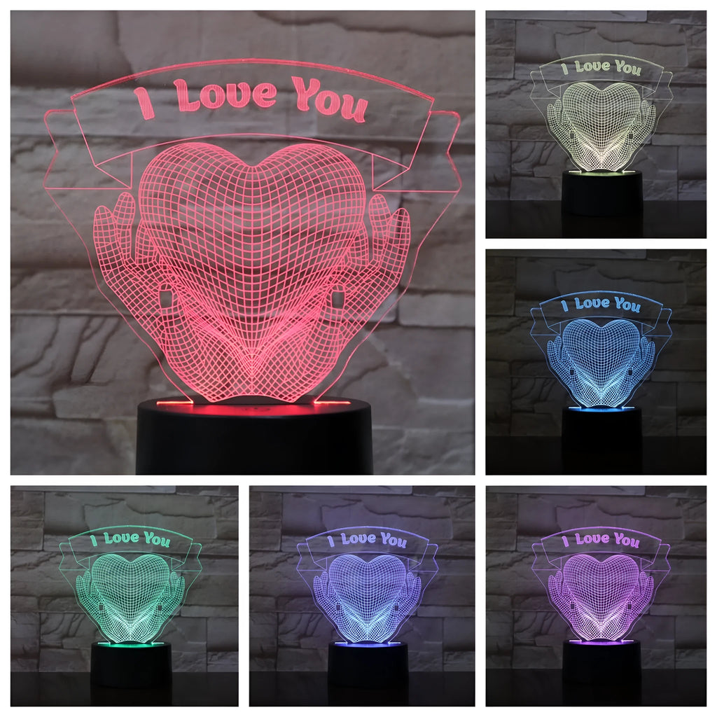 3D night light with hands holding love heart design, acrylic board, ABS base, seven colours