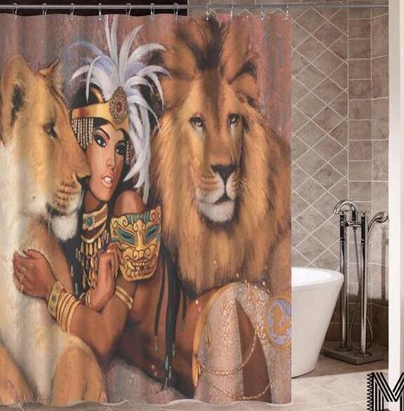 Vibrant Afro-urban printed shower curtain with modern building and African girl design