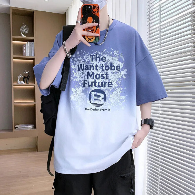 Boys youth printed t-shirt with text design in dark blue, cotton-polyester fabric, drop-shoulder sleeves