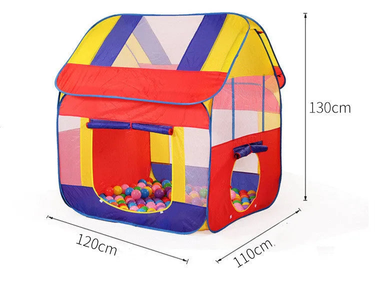 Large blue children's play tent with roll-up curtain in garden setting