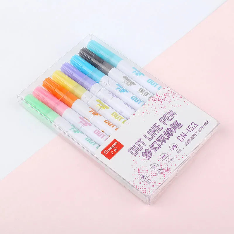 Set of highlighter pens with Japanese plastic nibs showing 1mm-2mm line width and multiple colour options