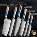 Seven-piece stainless steel kitchen knife set with ergonomic handles on wooden block