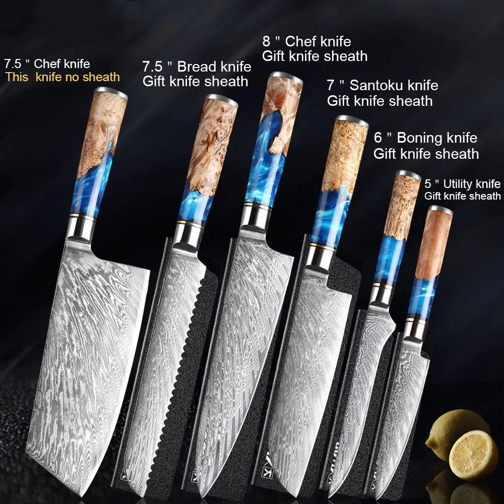 Seven-piece stainless steel kitchen knife set with ergonomic handles on wooden block