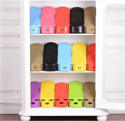 Adjustable, collapsible shoe organizer rack made of durable polypropylene for space-saving closet storage