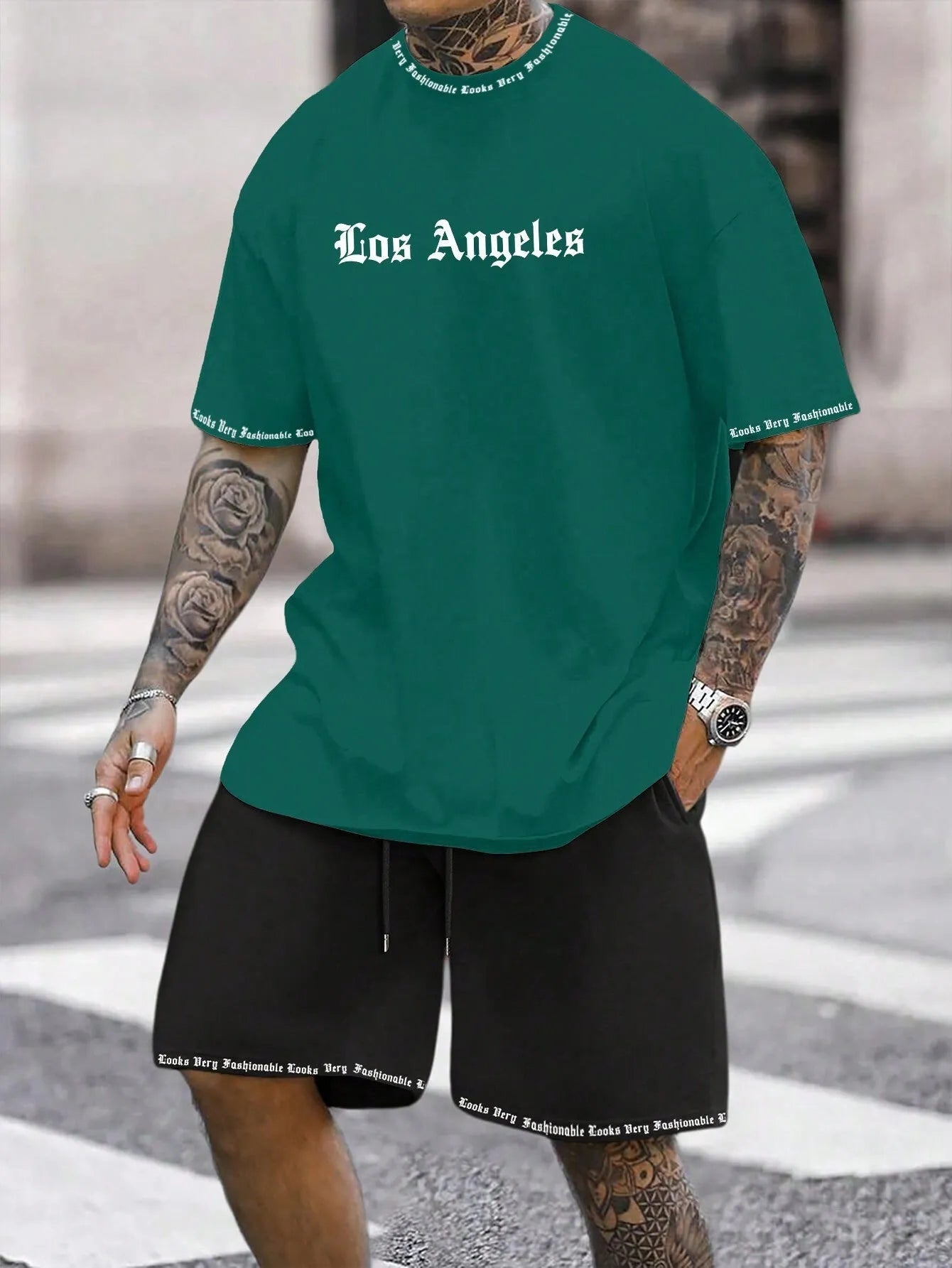 Men's blue printed short-sleeved top and matching shorts, a sports style co-ord set in quick-dry fabric.