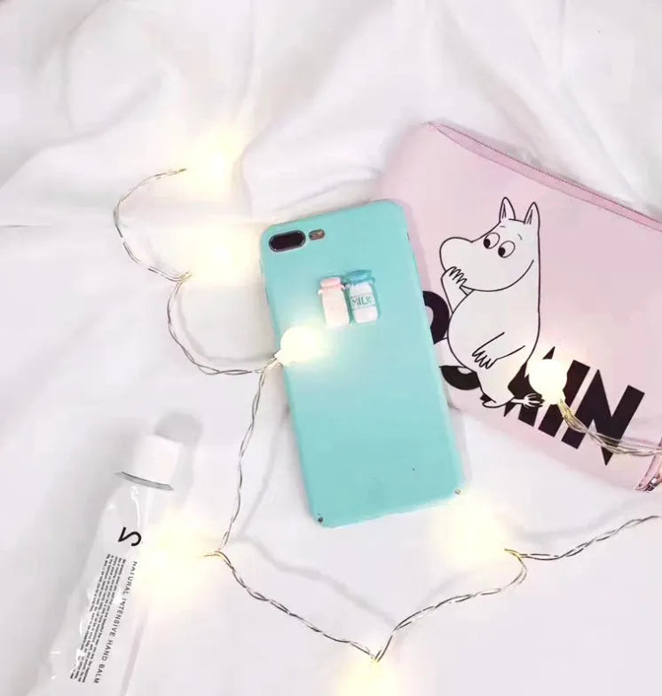 Frosted mobile phone case with 3D baby bottle and coffee cup design in turquoise
