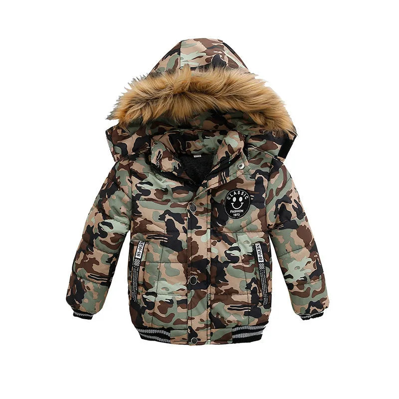 Children's padded winter jacket for boys, polyester, available in grey, black, khaki, blue, camouflage, sizes 90cm to 130cm.