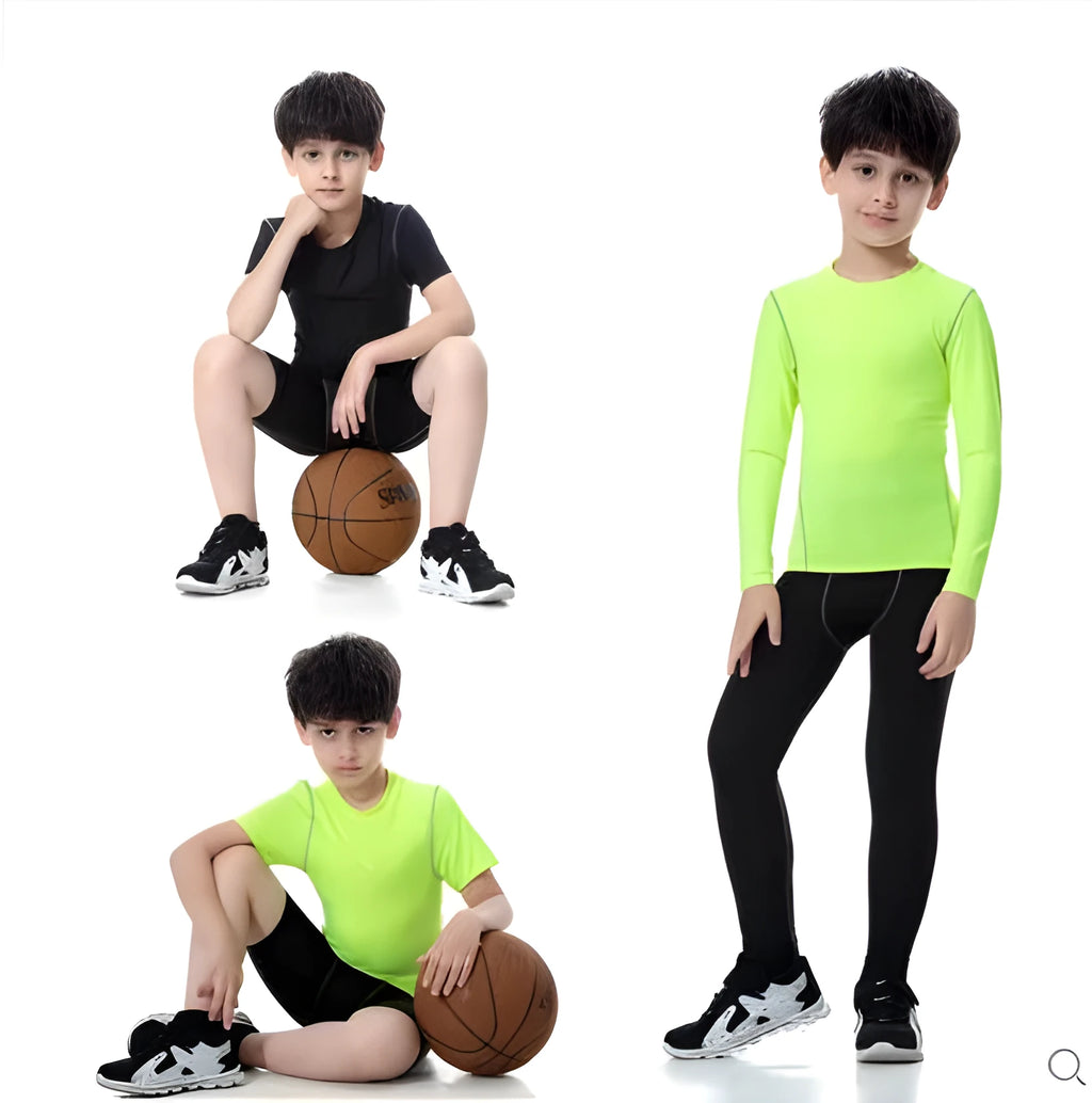Kids sportswear set showing T-shirts, shorts and trousers in black and green with Asian sizing chart